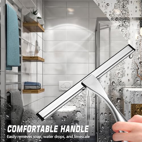 SSTOOHL 10-Inch Stainless Steel Shower Squeegee with 2 Adhesive Hooks