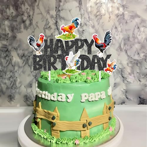 Rooster Birthday Cake Topper with Black Glitter 'Happy Birthday'