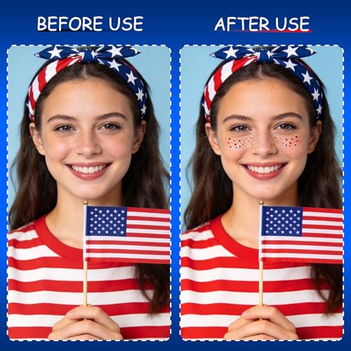 Patriotic Glitter Freckles Face Tattoos, Red White and Blue Sparkle 6 Sheets