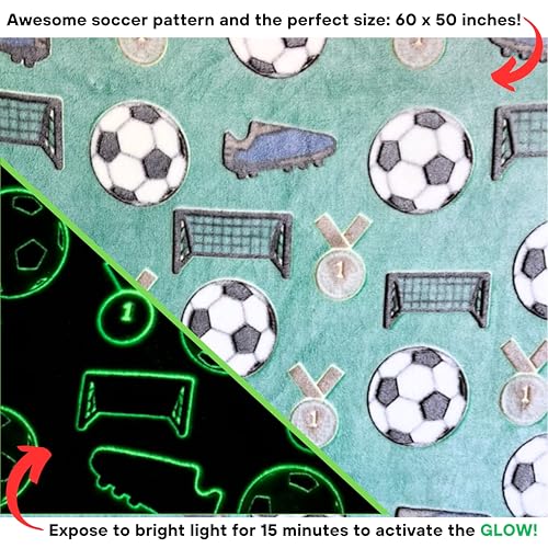 Glow in The Dark Soccer Throw Blanket - Cozy Fleece for Kids, 50"x60" Green