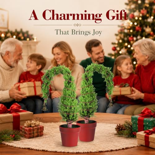 Whimsical Bent Top Mini Christmas Tree with Bell Ornament - Potted Holiday Decor