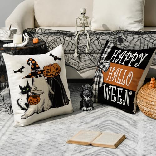 AVOIN colorlife Happy Halloween Ghost Bat Throw Pillow Covers, 18x18 Inch (Set of 4)