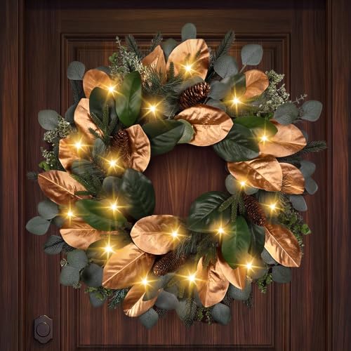 Magnolia 26 Inch Battery Operated Christmas Wreath with Lights - Prelit Cedar Door Decor