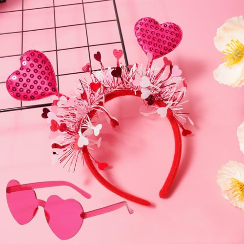 Valentines Pink Heart Headband Plush Sparkly Hair Hoop for Women