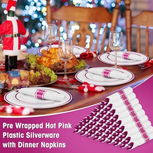 100 Pack Hot Pink Plastic Silverware Set with Wrapped Napkins - Pyntop