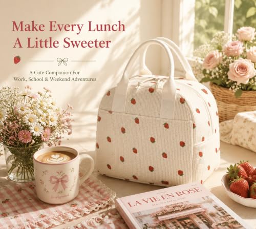 Cute Strawberry Insulated Lunch Bag for Women - Durable Corduroy Tote