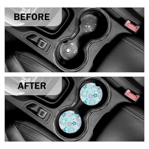 Absorbent Blue Floral Car Coasters Set of 2 - Non-Slip Cork Base