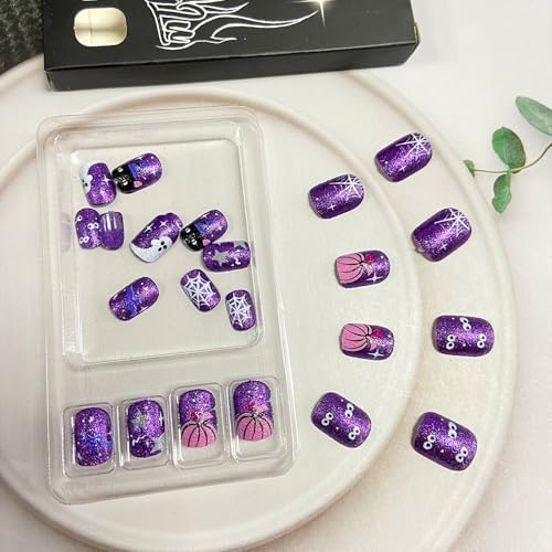 Halloween Press on Nails Short Square False Nails Purple Glitter