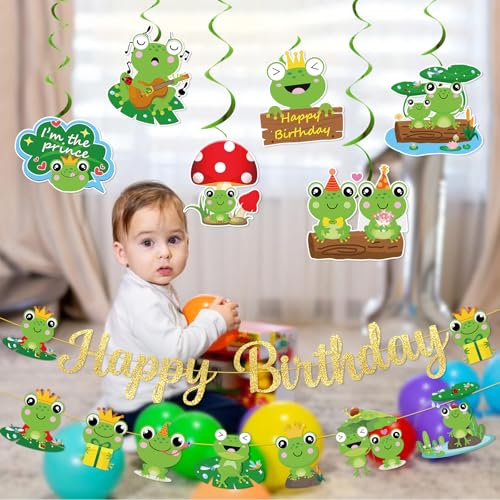 Frog Birthday Party Decorations Set with Glitter Banner and Hanging Swirls