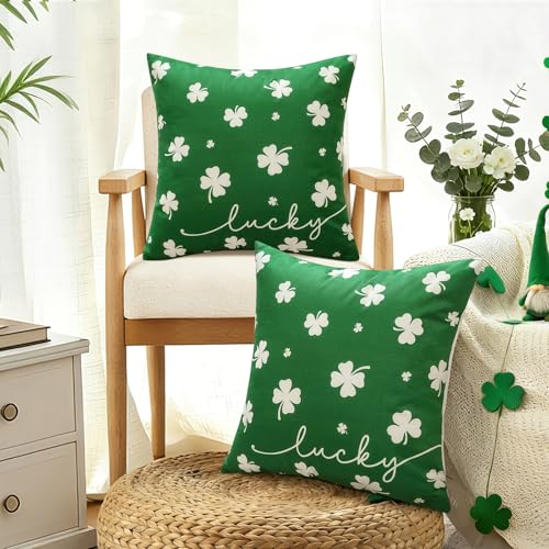 St Patricks Day Lucky Clover Pillow Covers 18x18 Inch Set of 2 - Green
