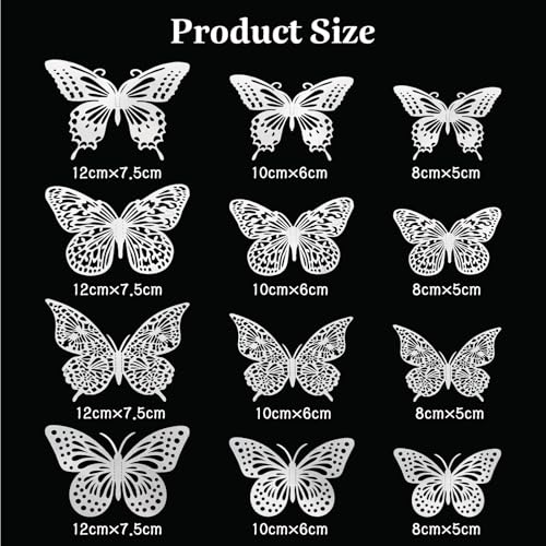 48 Pcs Silver 3D Butterfly Wall Decor Stickers for Crafts and Cake Toppers