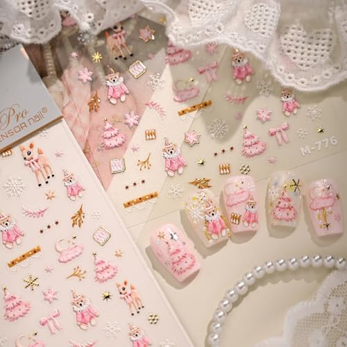 Pink Christmas 5D Embossed Nail Art Stickers Decals - Xmas Tree Snowflake Bear