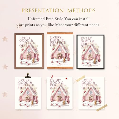 Pink Christmas Gingerbread House Wall Art Set - 8x10in Unframed, Bible Verse Variant