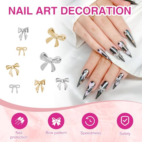 200 Pcs Gold and Silver Bow Nail Charms 3D Alloy Bows