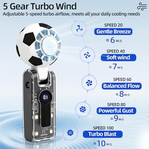 DooYard Soccer Ball Portable Handheld Fan, 5-Speed Rechargeable Fan - Black