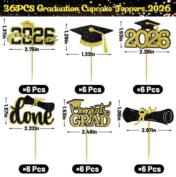 Graduation Cupcake Toppers 2026 - 36 Pcs Black & Gold Decor
