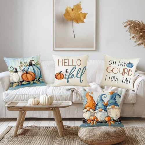 Fall Beach Gnome Pillow Covers 20x20 Inch Set of 4 - Pumpkin Decor