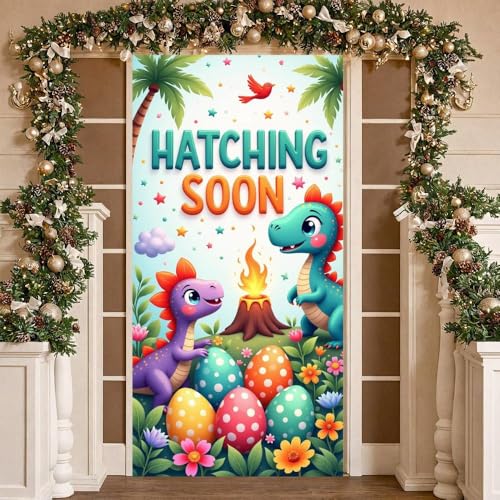 Cute Dinosaur Hatching Soon Door Cover - Baby Shower Decoration 35x71in