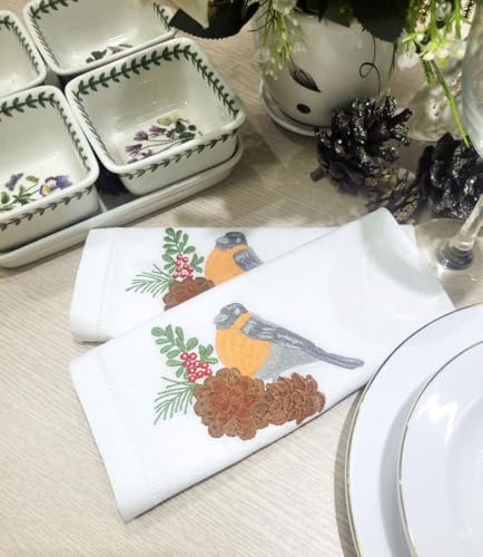 Christmas Bird & Pine Embroidered Cloth Napkin Set of 6 - 20x20 Cotton Table Linens with Hemstitch Details - Holiday & Daily Use