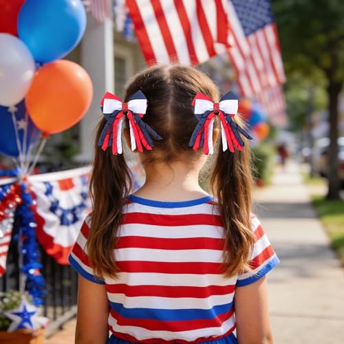 Doneace Independence Day Hair Bow Clips - 2 Pcs Red White Blue Curly Ribbon Hairpins for Girls