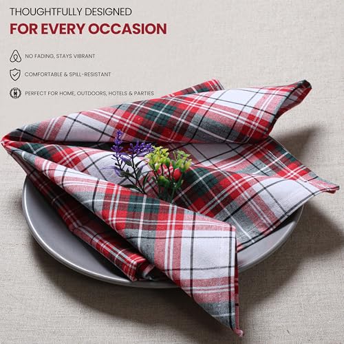 Red Plaid Tartan Cloth Napkins Set of 4 - 18x18 Inches, Cotton