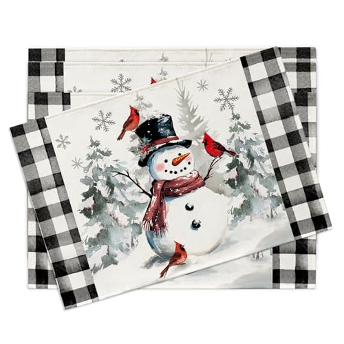 Winter Snowman Placemats Set of 4 - Snowy Pine Tree Cardinal Birds, 12x18 Inches