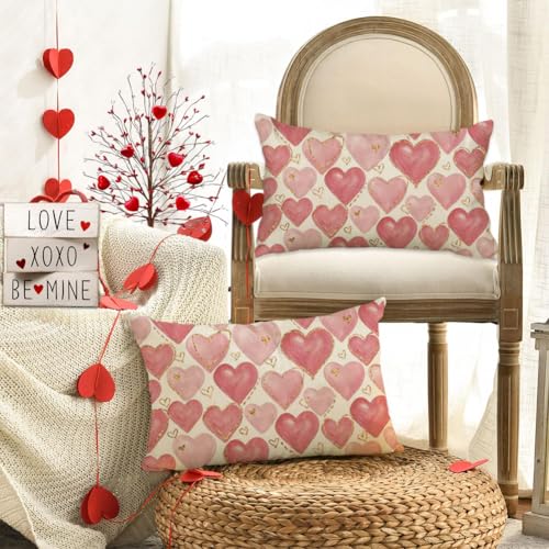 RABUSOFA Pink Heart Lumbar Pillow Cover 12x20 - Valentine's Day Decor