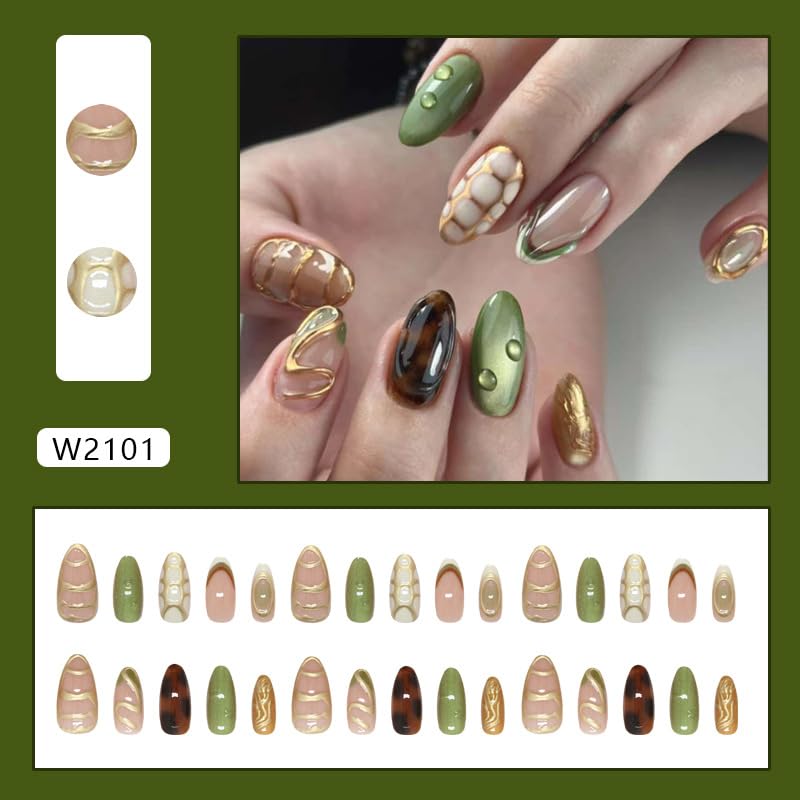 Medium Almond Press on Nails 30Pcs Green Glitter Gilded Lines False Nails