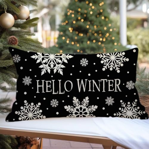 Hello Winter Snowflake Christmas Lumbar Pillow Cover, 12x20 Black Farmhouse