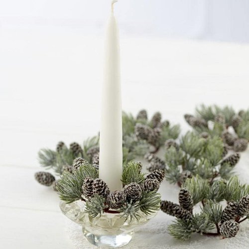 Artificial Pine & Pinecone Candle Rings - Set of 6 Faux Snowy Pine Decor for Holiday Tables