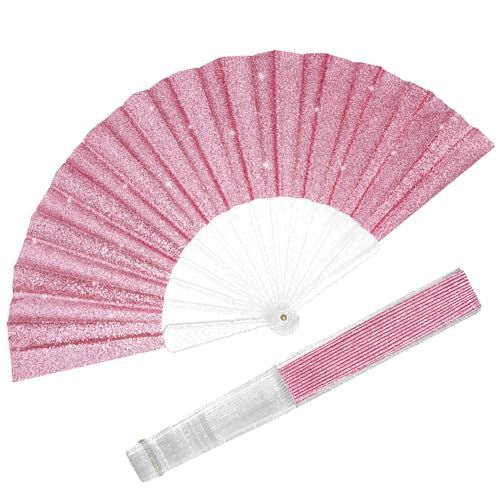 EOSAU 9-Inch Pink Glitter Folding Hand Fan - Women’s Clacking Rave Fan