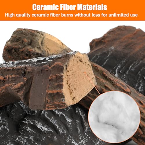 Skyflame 9-Piece Ceramic Wood Logs Set with Pine for Gas Fireplace - Realistic Fire Feature