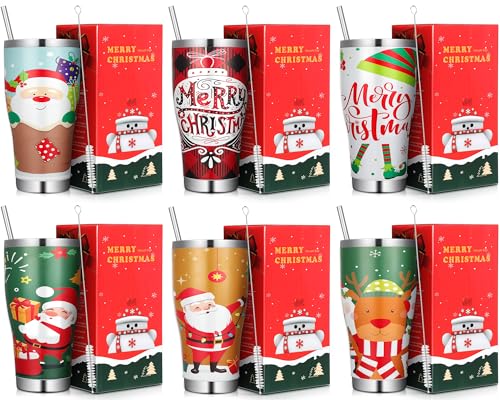 6 Pack Christmas 30oz Stainless Steel Tumblers with Lids & Straws - Classic Designs