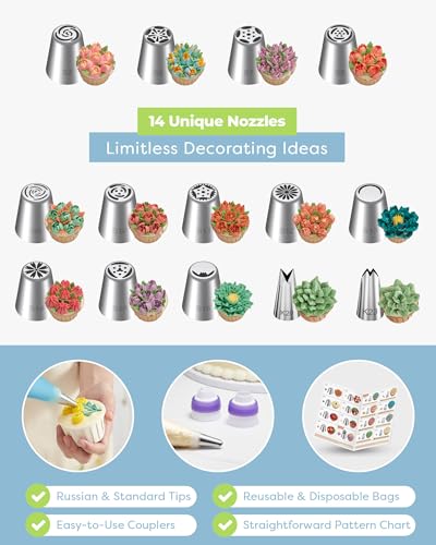Kootek 48-Piece Cake Decorating Kit with Russian Piping Tips and Bags