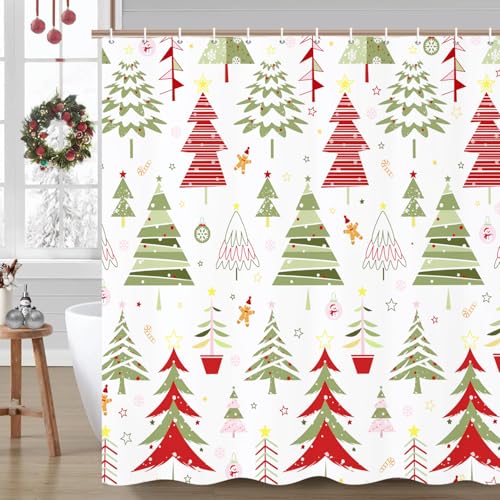 Christmas Tree Shower Curtain with Snowmen Stars & Snowflakes - 72x72 Inches, Pack of 1