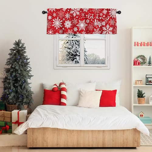 Christmas Snowflake Valance Curtain - Red Winter Short Window Treatment, 52 x 18 Inch, Pack of 1