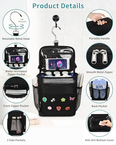 Onemoky Portable Hanging Shower Caddy - Mesh Toiletry Bag, Medium Black