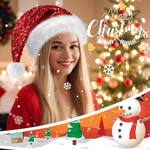 Sequin Plush Velvet Glitter Santa Hat for Adults - Red Xmas Party Supplies