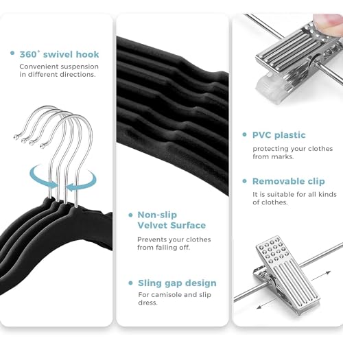 VECELO 20 Pack Velvet Clothes Hangers with Adjustable Clips,Heavy-Duty Non Slip & Space-Saving with 1 Magic Hangers & 2 Tie Rack for Suit Coat Pants Skirt Dresses