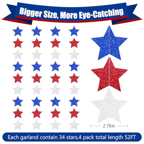 Patriotic Glitter Star Garland - 52 FT Red White Blue Decor for 4th of July