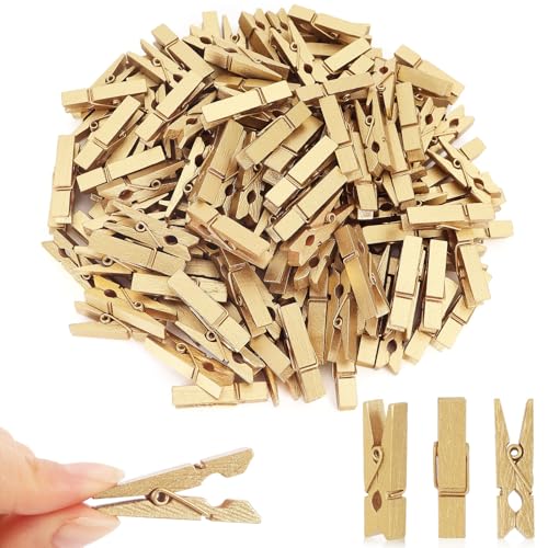 KINYFY 100 Pcs Gold Wooden Clothespins - 1.38 Inch Craft Clips for Photos