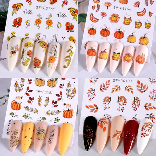 LYLYNB Fall Nail Stickers 6 Sheets Thanksgiving Pumpkin Maple Leaves Decals
