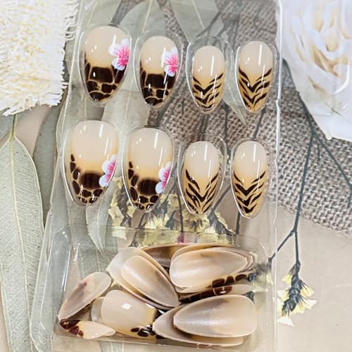 Floral Press on Almond Nails Glossy Medium False Nails with Charms