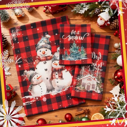 Peryiter 3 Pack Buffalo Winter Decorative Bath Towels Set - Snowman Christmas Design