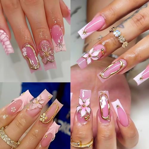 5D Embossed Flower Nail Art Stickers - Pink Lily Gold Frame Decals 3 Sheets