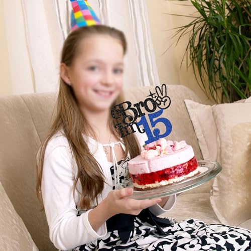 Brother I'm 15 Cake Topper - Glitter Happy 15th Birthday Decoration | Blue & Black