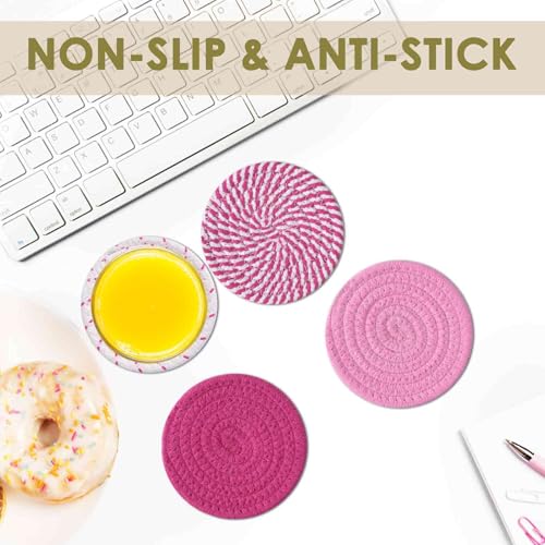 BRILLIRARE 8-Pack Woven Cotton Drink Coasters with Metal Holder - Pink