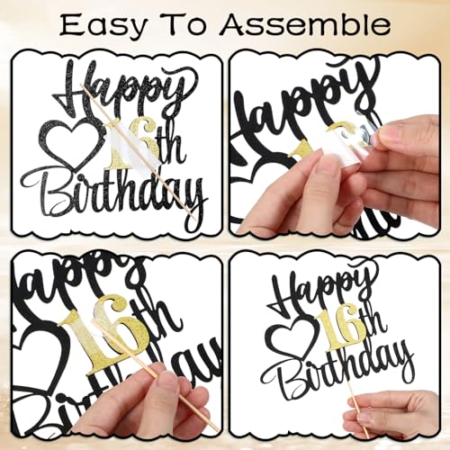 Black Glitter 16th Birthday Cake Topper - Happy 16th Decoration