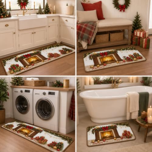 Christmas Fireplace Kitchen Mat Set of 2 Non Slip Rugs - Holiday Decor