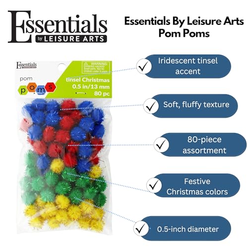 Christmas Tinsel Pom Poms 1/2 Inch, 80 Pack for Crafts & Decorations
